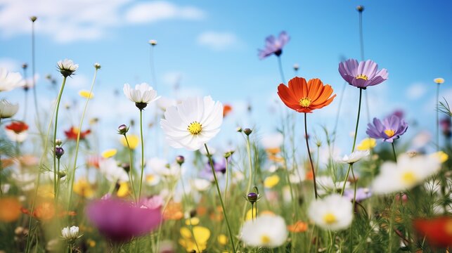 Colorful natural flower meadows landscape with blue sky in summer. Habitat for insects, wildflowers and wild herbs on a flower field. Background panorama with short depth of focus and space for text