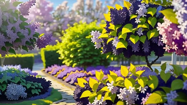 Lilac bushes in full bloom in the spring