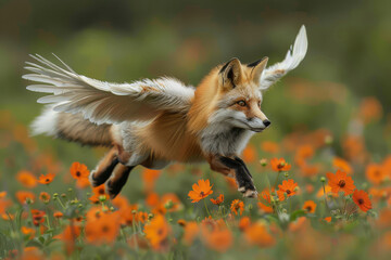 Beautiful Mythical Winged Fox  in a Field, Bibi in Chinese Mythology. Generative AI.
