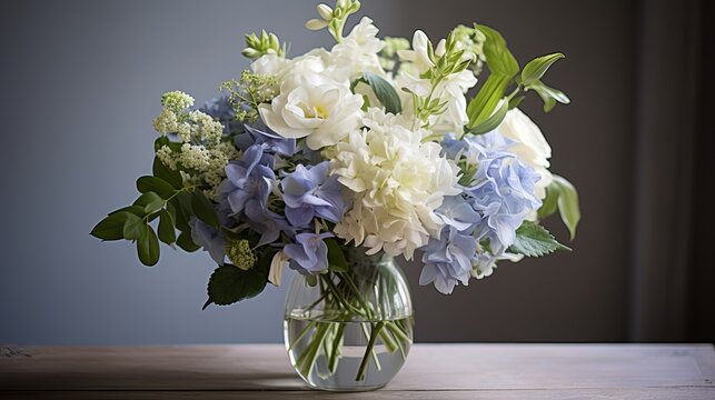 Flowers in a bouquet, blue hydrangeas and white flowers