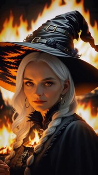 Portrait of a witch standing by a campfire. Vertical video