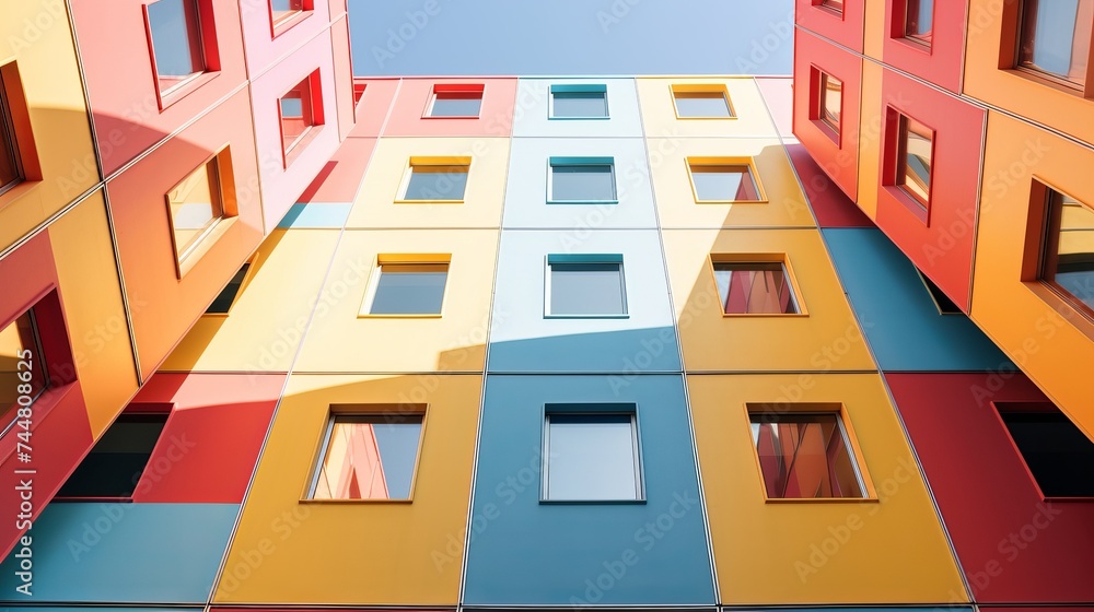 Poster from below of colorful geometric building with colorful geometric ornament and windows on wall in ci