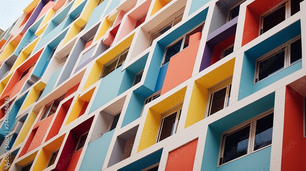 Aufkleber from below of colorful geometric building with colorful geometric ornament and windows on wall in ci
