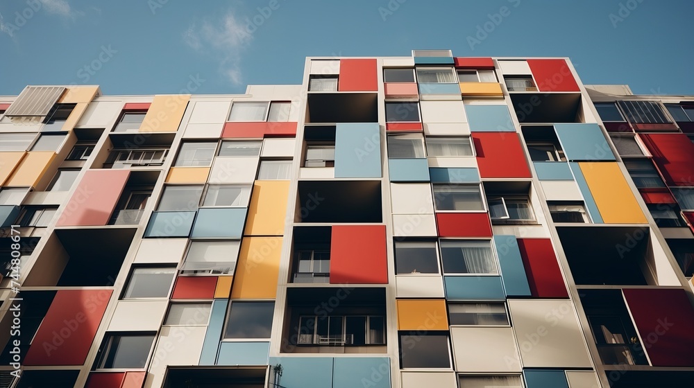 Aufkleber from below of colorful geometric building with colorful geometric ornament and windows on wall in ci