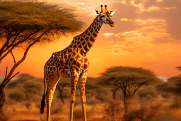 Majestic Solitary Giraffe Grazing Serenely in the Golden Savannah - A Display of Pristine Wildlife