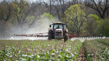 Fototapeta premium Tractor spraying pesticides in soybean field during springtime.