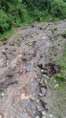 aerial view of sand and stone mining on the slopes of Mount Merapi in Sleman Regency, Yogyakarta