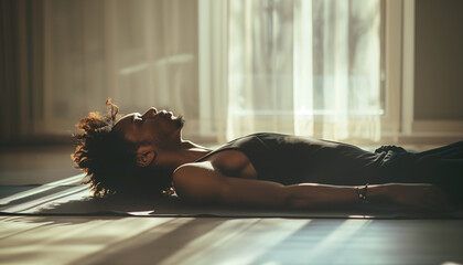 Handsome yoga adept african american man while he meditates in shavasana pose doing breathing exercises. Active people, Oriental practices in common life, relaxing or mental health concept ima - Powered by Adobe