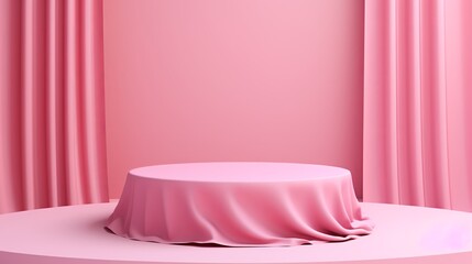 Geometric empty podium with textile fabric drape on pink background, display for product, cosmetic and perfume presentation