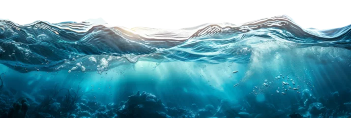 Schilderijen op glas water wave underwater blue ocean. wide panorama background. © CreativeCreations