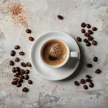 A cup of espresso coffee on a saucer, surrounded by scattered coffee beans on a concrete surface, creating a minimalist and aromatic composition