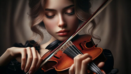 The girl violinist plays the violin. The young violinist puts his soul into every note.