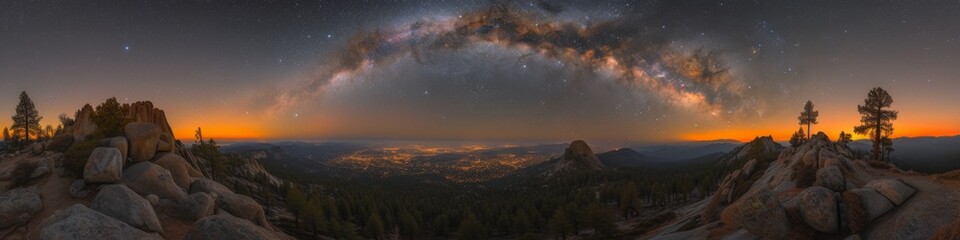 Naklejka premium Sweeping panoramic view of a majestic mountain skyline under a twilight sky with a magnificent Milky Way arc