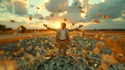 A man in a pile of money with arms outstretched, happy in natural landscape - obrazy, fototapety, plakaty