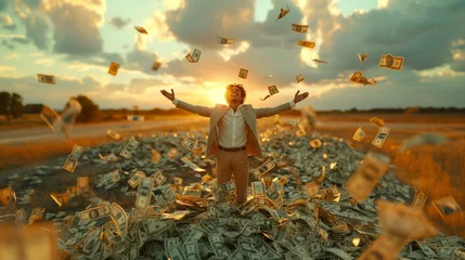 Deurstickers A man in a pile of money with arms outstretched, happy in natural landscape © Vitalii