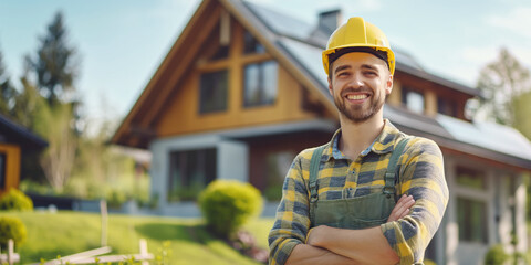 Construction Worker with Yellow Helmet Standing Confidently In Front Of a House with solar panels - 744809628