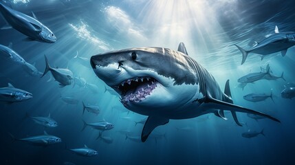 Fototapeta premium Inside a giant travelly tuna school of fish close up in the deep blue sea