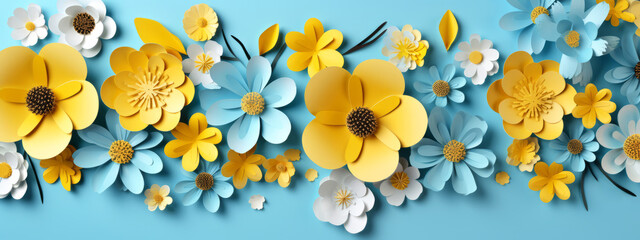 Fototapeta na wymiar A banner of delicate paper flowers against a serene blue backdrop. The yellow, white anf blue flowers create an enchanting and serene atmosphere, ideal for greeting cards design spring celebration