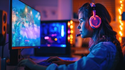 Concentrated Female Gamer Playing on a High-End Gaming PC - Powered by Adobe