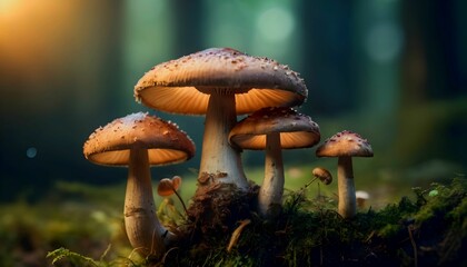 Fantasy enchanted fairy tale forest with magical Mushrooms. Beautiful macro shot of magic mushroom, fungus. Magic light generative ai