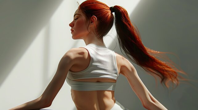 poise and focus: the dedicated stretch of a red-haired fitness enthusiast