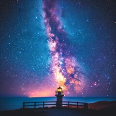Naklejka premium Starry Night Over a Seaside Lighthouse Under a Vibrant Milky Way Galaxy