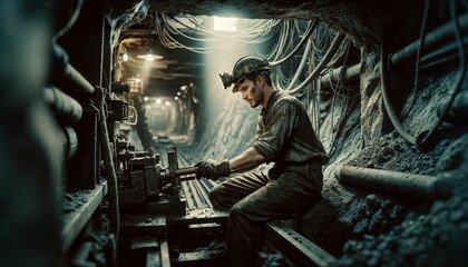 Miner getting ready for a day of labor in an underground mining operation - obrazy, fototapety, plakaty