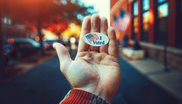 Close-up of a hand holding an 'I Voted' sticker on Election Day