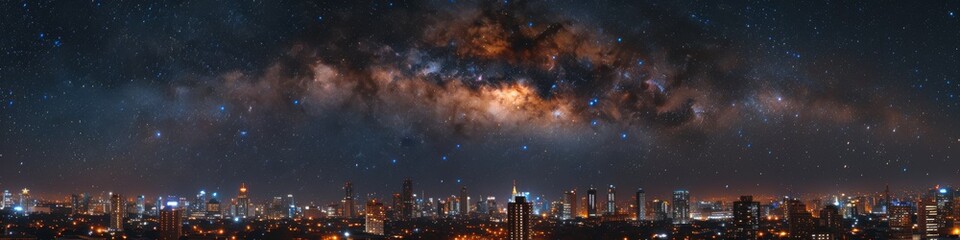 Majestic Milky Way Over a Mountain Range with a Glimmering City Below - obrazy, fototapety, plakaty