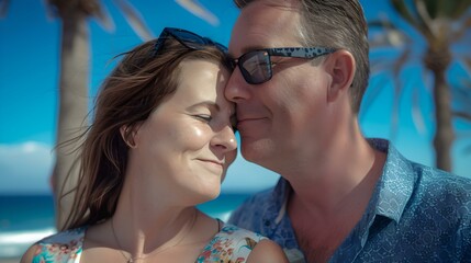 Fototapeta premium Happy couple enjoying a tropical beach getaway. smiling man and woman in casual summer wear. love and travel concept. perfect for holiday promotions. AI