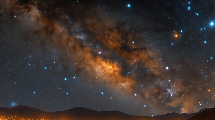 Sweeping Night Sky with Galactic Clouds Over Mountain Silhouettes and City Lights