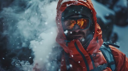 Intrepid explorer braving a blizzard in harsh winter landscape. extreme expedition challenge. adventure and survival themes captured in dynamic image. AI - obrazy, fototapety, plakaty