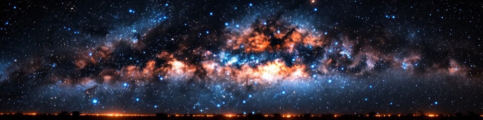 Obraz premium Panoramic Milky Way Galaxy Over Desert Landscape, A Spectacular Display of Celestial Wonders in the Night Sky