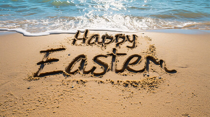 Message of Happy Easter written in the sand at the beach.