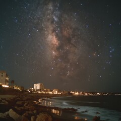 Milky Way Galaxy Glowing Over Beachside City, Cosmic Beauty Above Urban Shoreline Under Star-Filled Sky