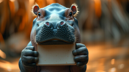 Curious Hippo Holding a Sign