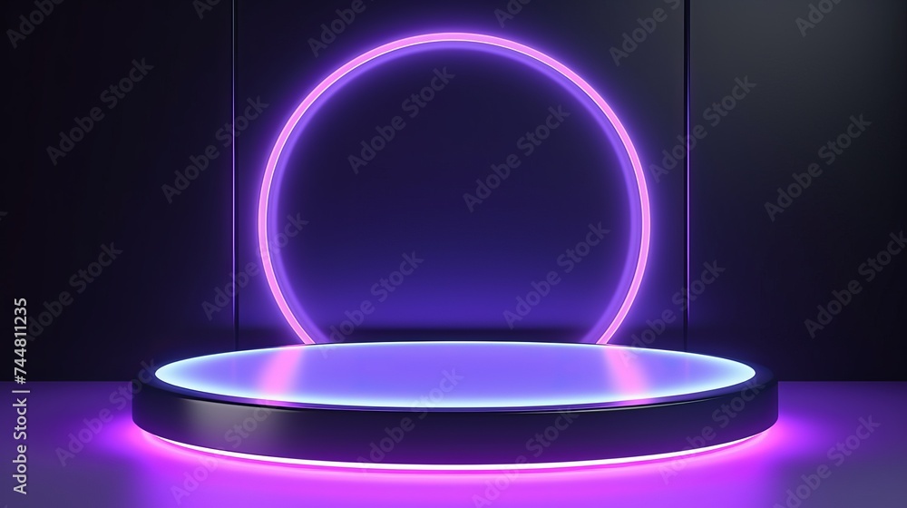 Poster pedestal with glowing light circle blank pedestal minimal concept template - 3d rendering mockup