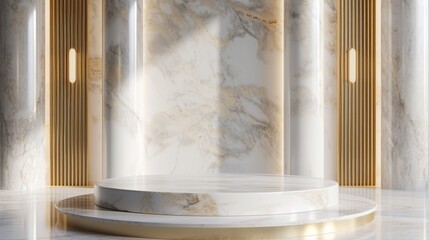 Fototapeta na wymiar Empty showcase podium minimal style made of white marble and gold with luxury backdrop for advertising, 3D rendering of realistic presentation, 3D, illustration, render