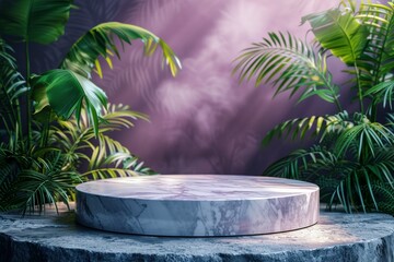 Fototapeta na wymiar Empty showcase podium minimal style made of marble with a serene purple backdrop and tropical green plants for advertising, 3D rendering of realistic presentation, 3D, illustration, render