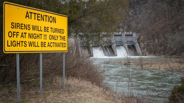 Warning sign in front of Fort Patrick Henry Dam, located in Sullivan County in Kingsport, Tennessee on the South Fork Holston River.