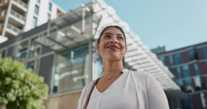 Thinking, planning and business woman in the city looking for ideas or brainstorming for project. Smile, question and professional young female person with positive attitude in urban town street.