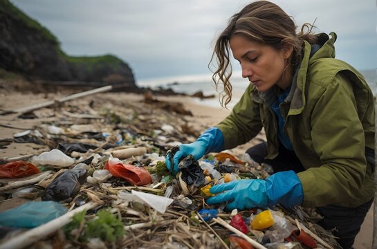 Cleanup efforts captured in this close-up image of a woman tidying up the beach shore