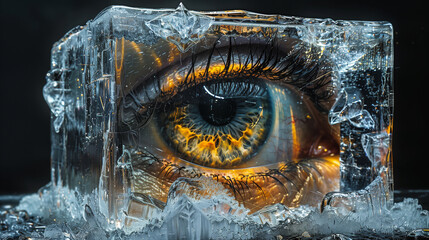 A stunning visualization of a human eye encased in a sparkling ice cube, glowing with fiery patterns.