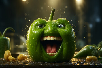 Expressive Anthropomorphic Green Bell Pepper with Water Droplets