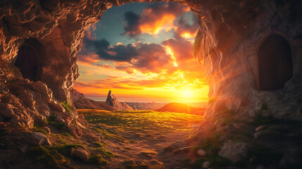Opening of easter empty tomb with sunshine the perfect combination declaring that he is risen. - obrazy, fototapety, plakaty