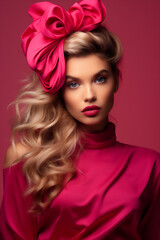 Fototapeta premium A fashionable woman with a pink bow on a pink background. A stylish and elegant studio shot.