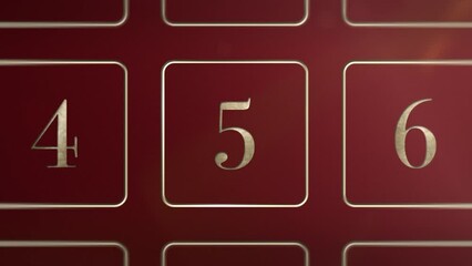 Red door number 5 five opening calendar reveal, updateable green screen revealing transition sting, 3D gold xmas festive golden numbered doors shiny video, Christmas Advent Calendar animation