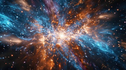 Mysteries of the universe with a conceptual image of the Big Bang, galaxies collide and stars are...