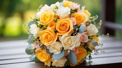 Obraz premium Wedding bouquet of yellow and white roses and blue fresia lying on wooden floor