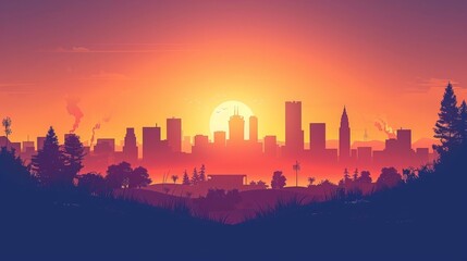 Sunset Hues Blanketing Urban Silhouette, Artistic Cityscape with Rising Sun Over Horizon, Warm Sky Gradients and Trees
